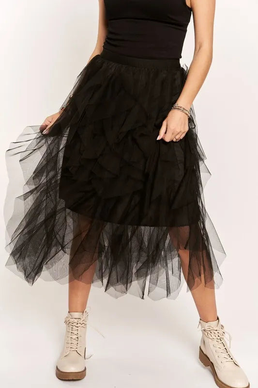 ADORA Ruffled Elastic Waist Midi Skirt | Dreamy Romantic Chic | same ANTHEM - Black / S