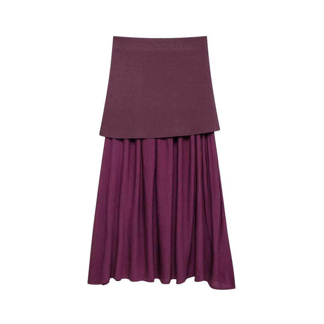 American Knitted Pleated Patchwork Skirt | Dreamy Romantic Chic | same ANTHEM - Purple red / S