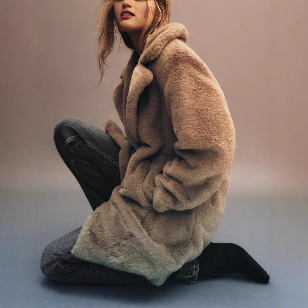 Fall Winter Fashion Artificial Fur Women’s Warm Mid-length Coat - Bag