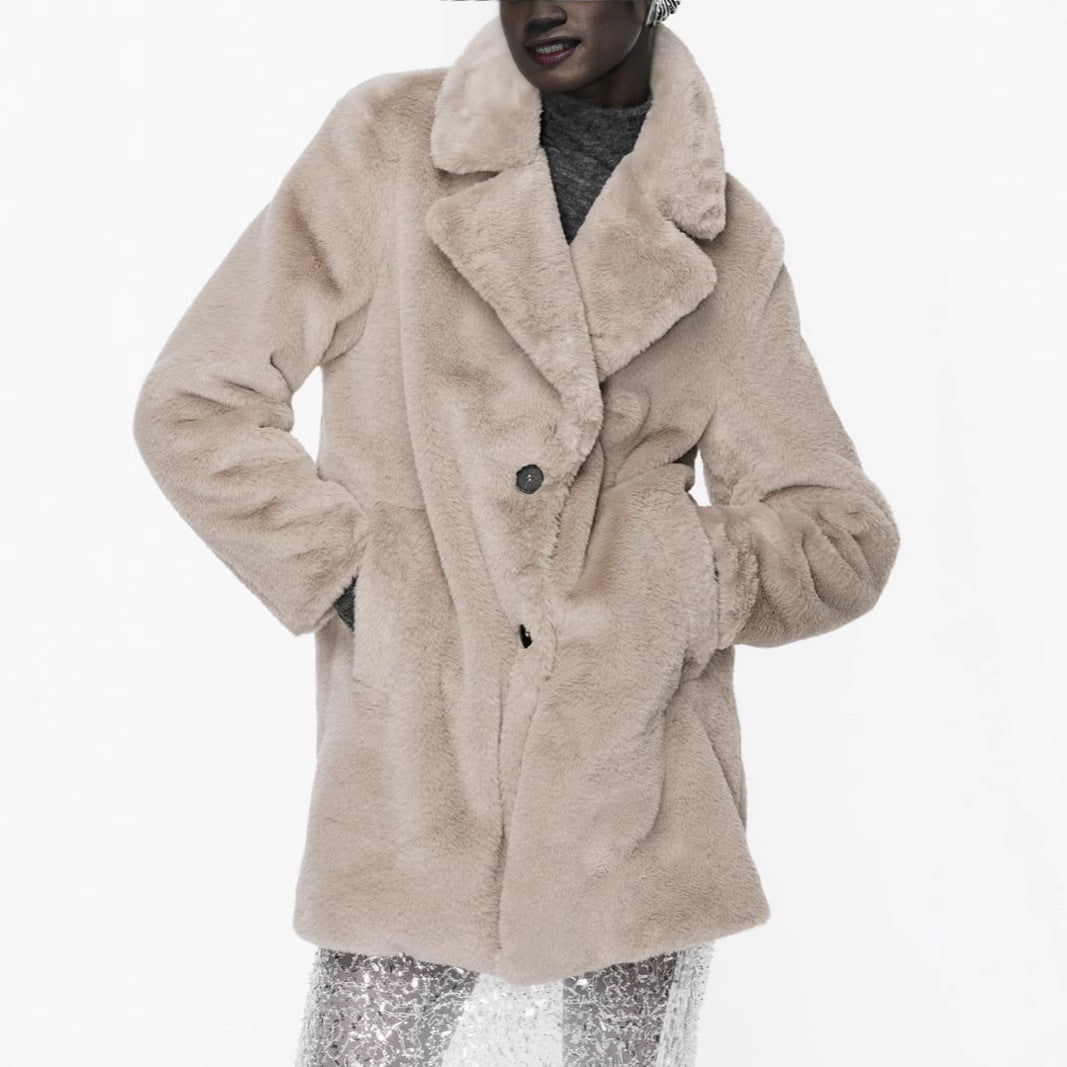 Fall Winter Fashion Artificial Fur Women’s Warm Mid-length Coat - Light Khaki / L - Bag