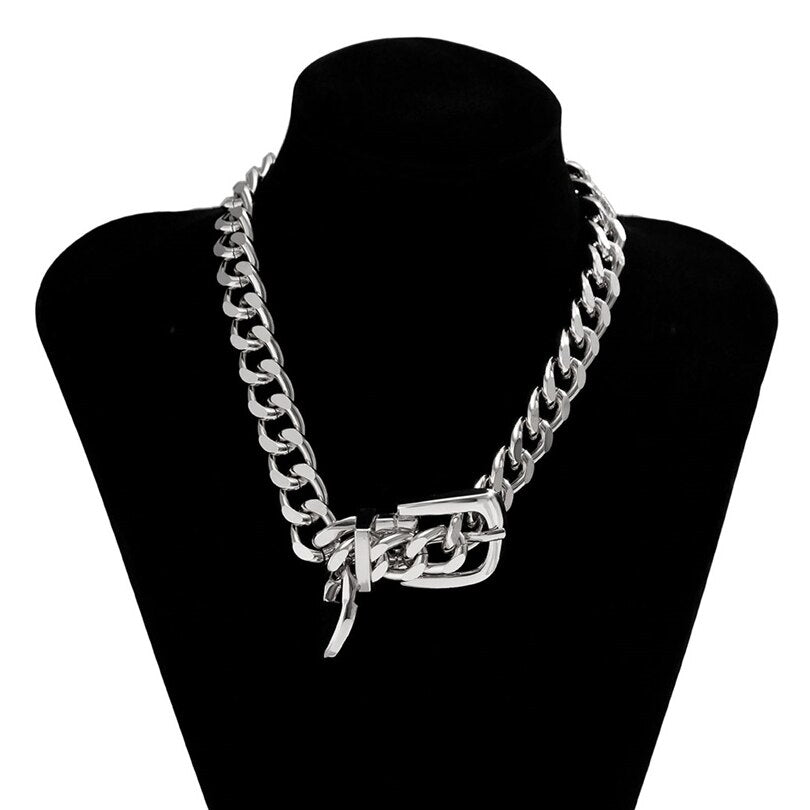 Belt Choker Necklace | Punk Chunky Chain Jewelry for Women | same ANTHEM. - Silver Color