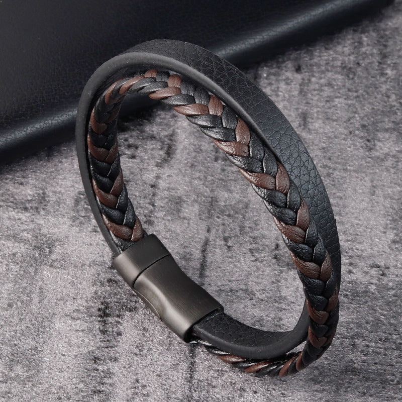 Black Braided Leather & Steel Bracelet – same ANTHEM. Soulmate Streetwear for Men - 21cm