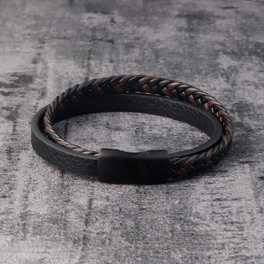 Black Braided Leather & Steel Bracelet – same ANTHEM. Soulmate Streetwear for Men - 21cm