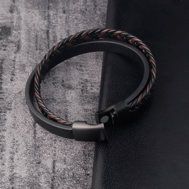 Black Braided Leather & Steel Bracelet – same ANTHEM. Soulmate Streetwear for Men - 21cm