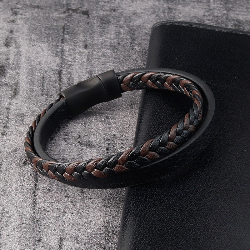 Black Braided Leather & Steel Bracelet – same ANTHEM. Soulmate Streetwear for Men - 21cm