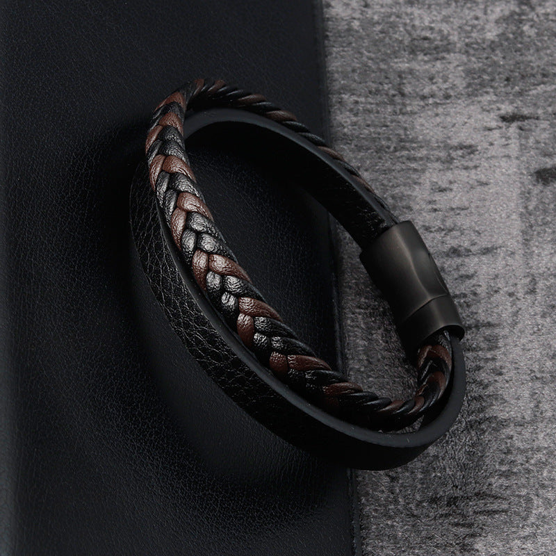 Black Braided Leather & Steel Bracelet – same ANTHEM. Soulmate Streetwear for Men - 21cm