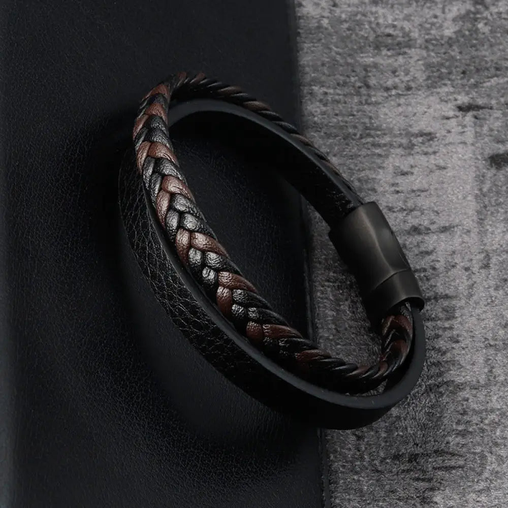 Black Braided Leather & Steel Bracelet – same ANTHEM. Soulmate Streetwear for Men - 21cm