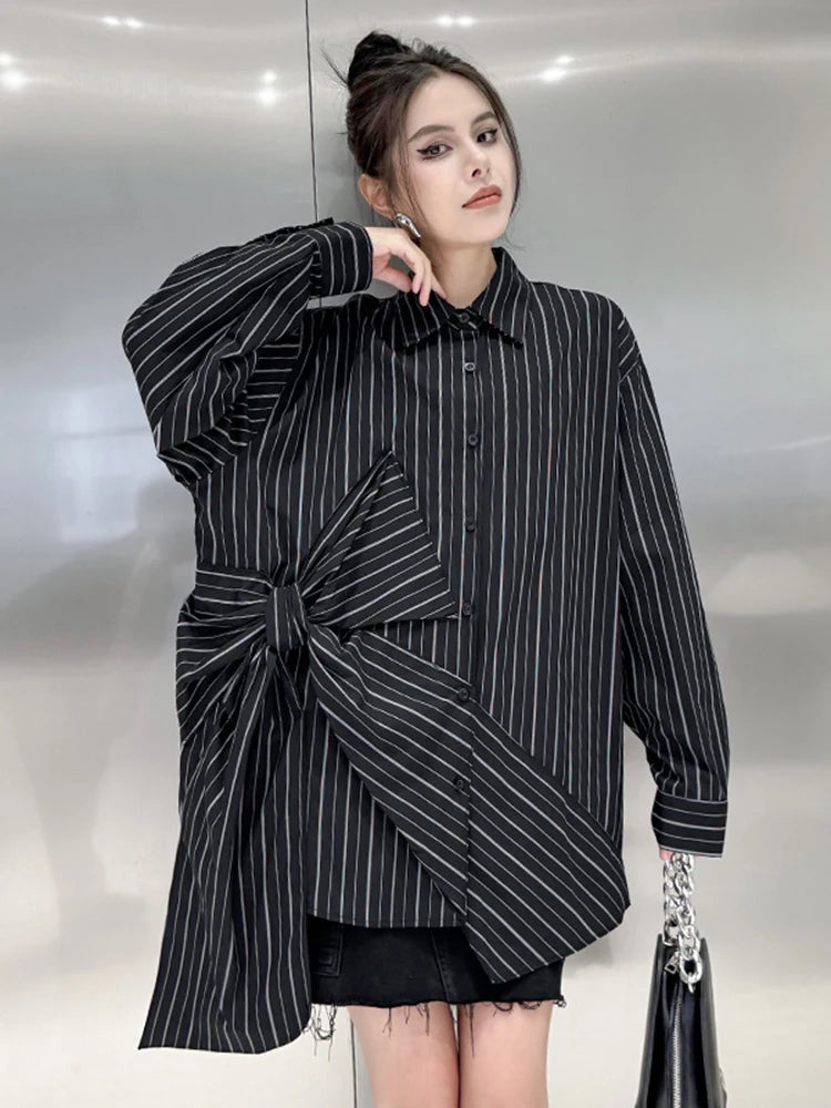 Black Striped Bow Blouse – Japanese Chic Streetwear | same ANTHEM - Black / One Size
