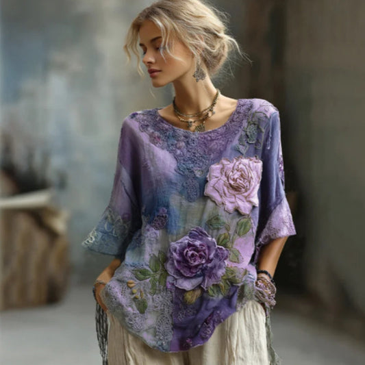 Woman wearing a floral blouse with a blurred background