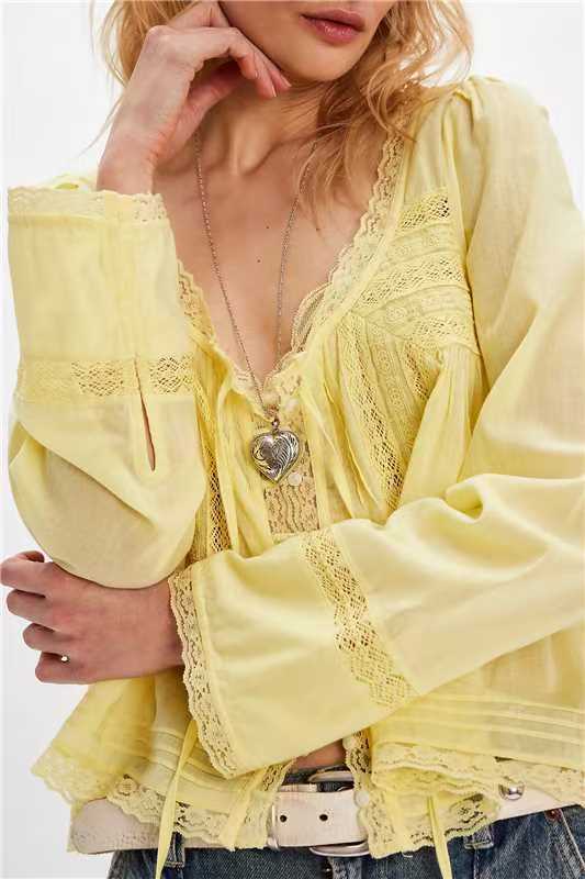 Boho Chic Lace Long Sleeve Shirt – Soulmate Style | same ANTHEM - Yellow / L