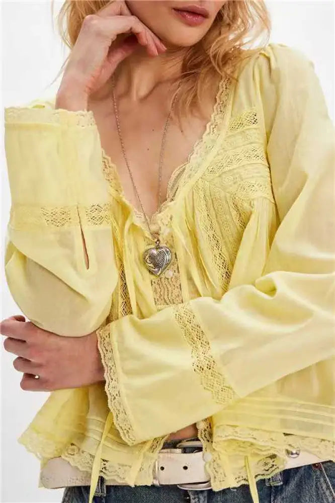 Boho Chic Lace Long Sleeve Shirt – Soulmate Style | same ANTHEM - Yellow / L