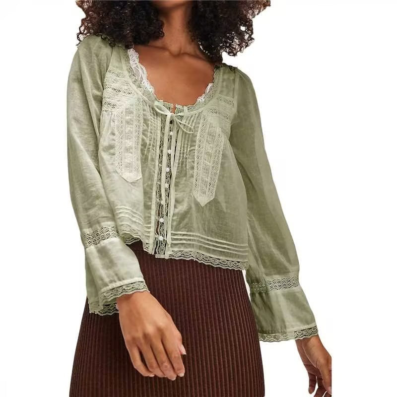 Boho Chic Lace Long Sleeve Shirt – Soulmate Style | same ANTHEM - Dark Khaki / L