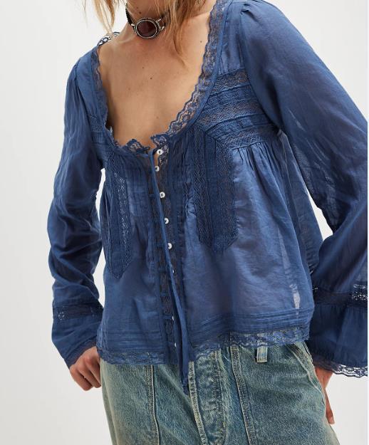 Boho Chic Lace Long Sleeve Shirt – Soulmate Style | same ANTHEM - Navy Blue / L