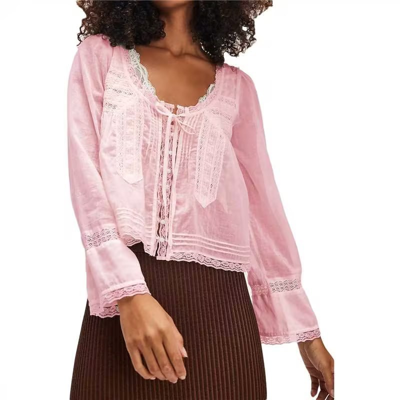 Boho Chic Lace Long Sleeve Shirt – Soulmate Style | same ANTHEM - Pink / L