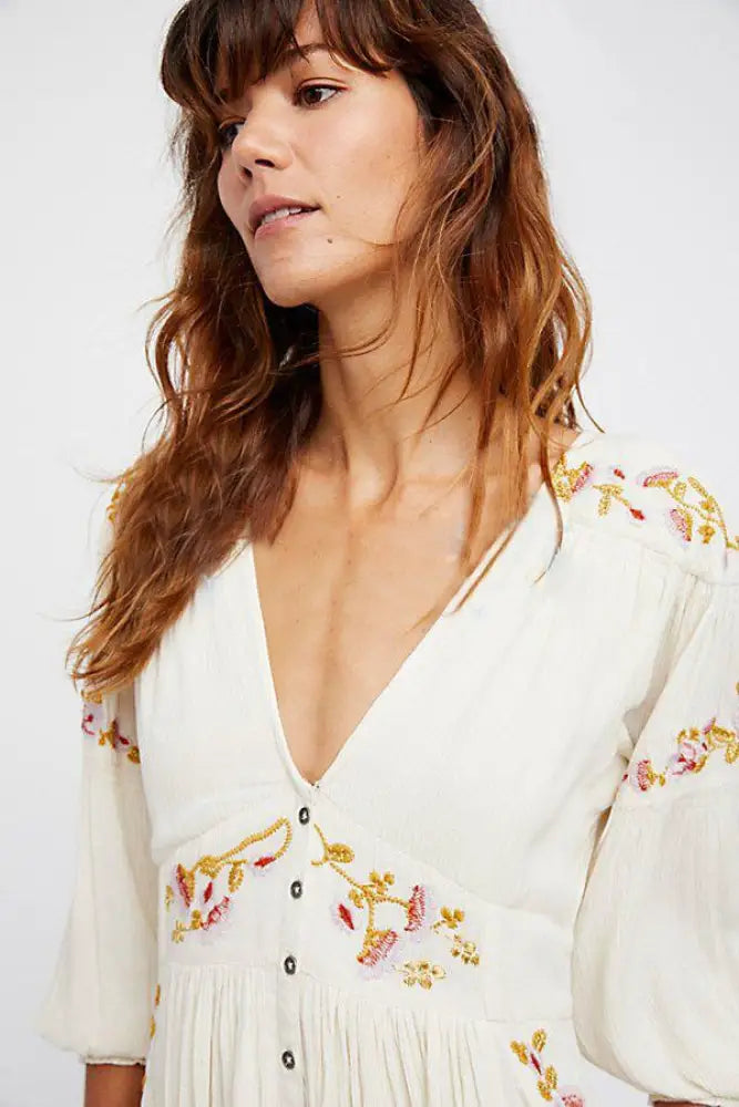 Boho Embroidered V-Neck Long Dress – Summer Split Robe | same ANTHEM - White / S