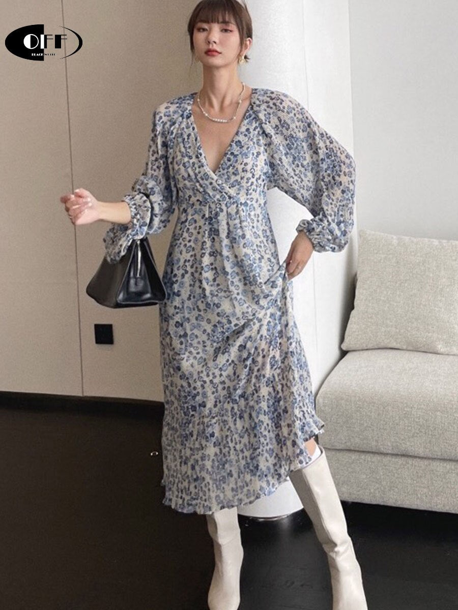 Boho Floral Midi Dress with Lantern Sleeves – Soulmate Streetwear | same ANTHEM. Femme - Blue / S