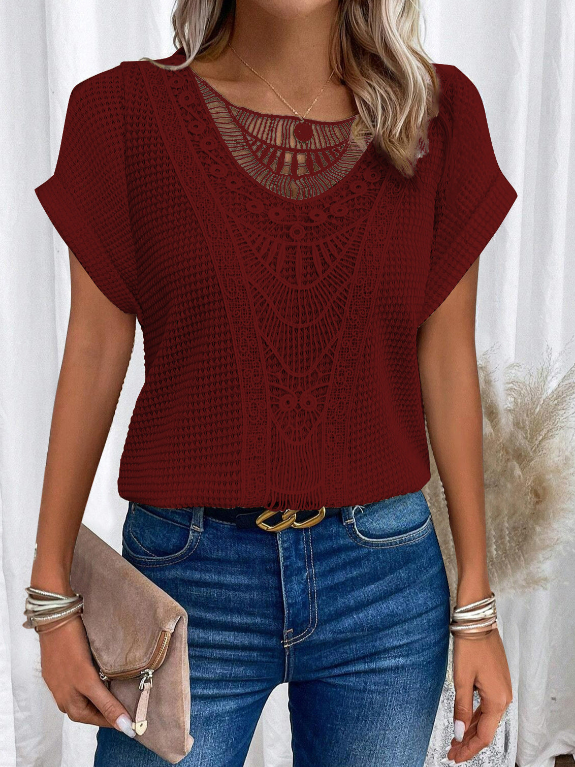 Boho Hollow-Out Summer Ethnic Top | same ANTHEM - Wine Red / 3XL