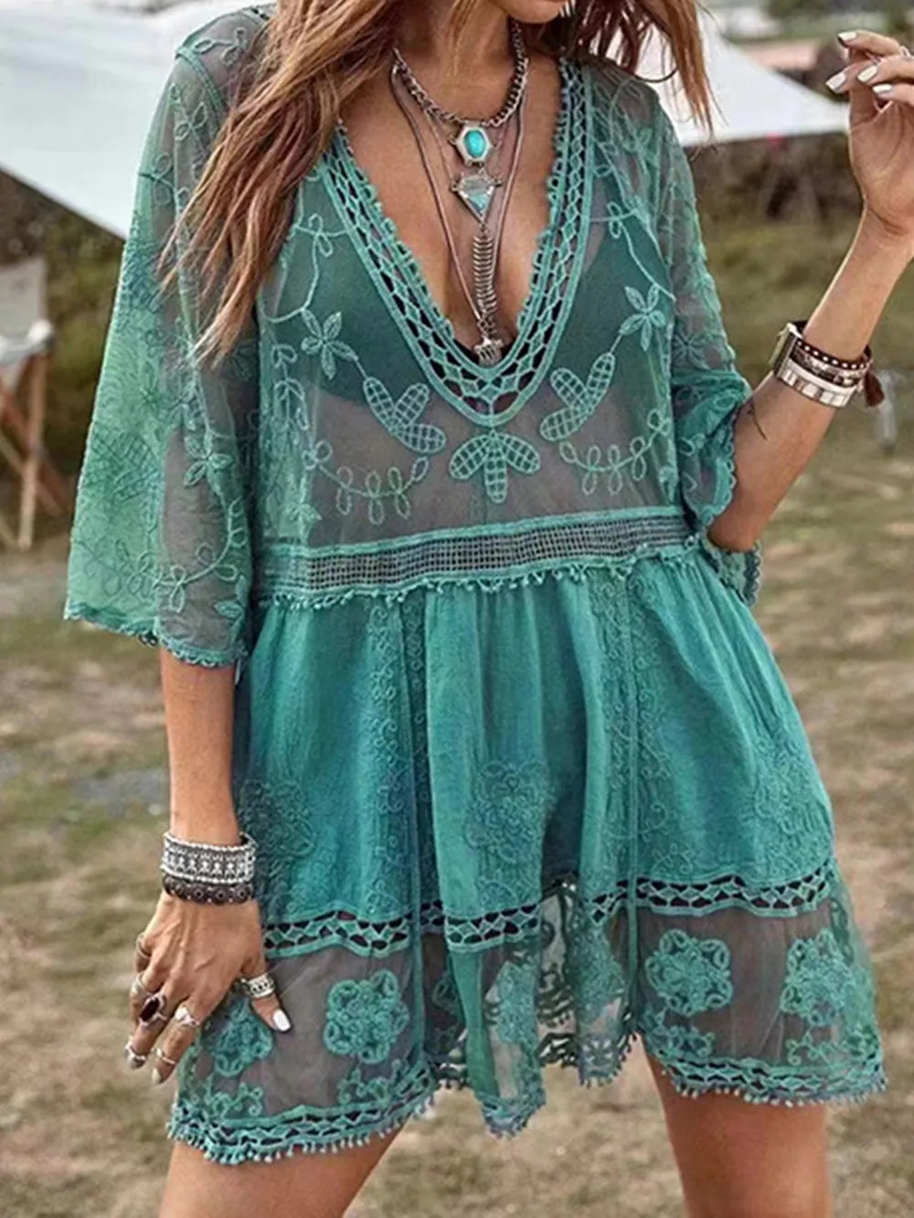Boho Lace Beach Dress – same ANTHEM - Teal / One Size