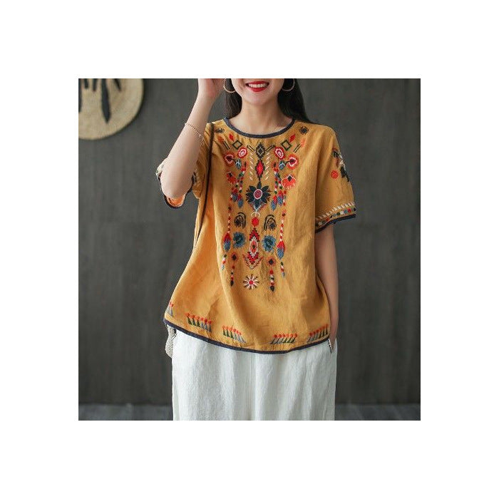 Boho Mian Embroidered Vintage Top – A Retro Charm with Modern Elegance | same ANTHEM. - Yellow / 2XL