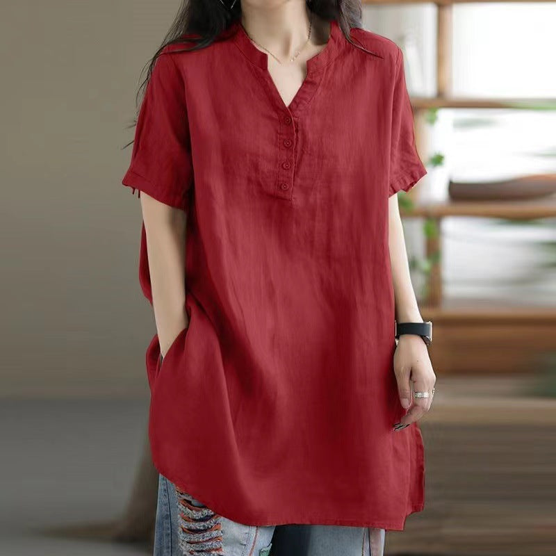Boho V-Neck Button Tee – same ANTHEM Dreamy & Free-Spirited Fashion - Red / L
