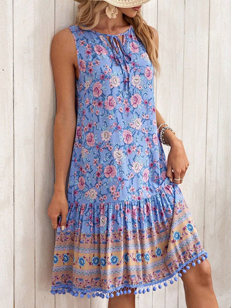 Casual Bohemian V-neck Rayon Printed Dress | Romantic & Chic Dress for Lovers | Same Anthem - Sky Blue / L