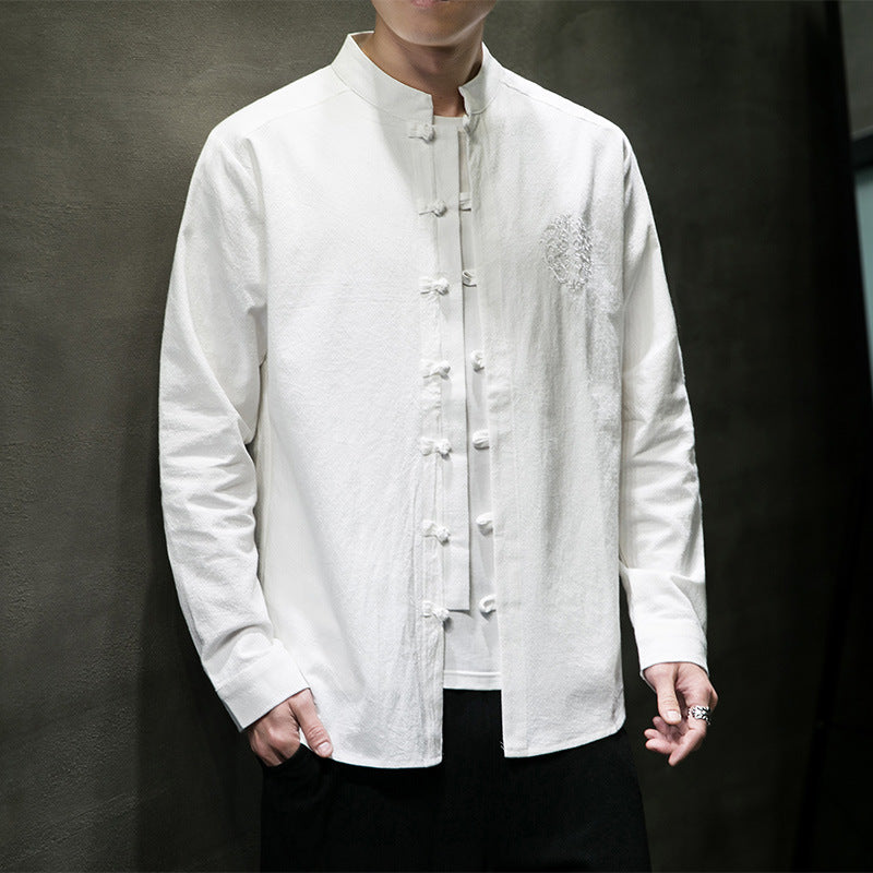 Casual Men’s Embroidery Buckle Hanfu Shirt Coat – Cool Everyday Layer | same ANTHEM - White / 2XL