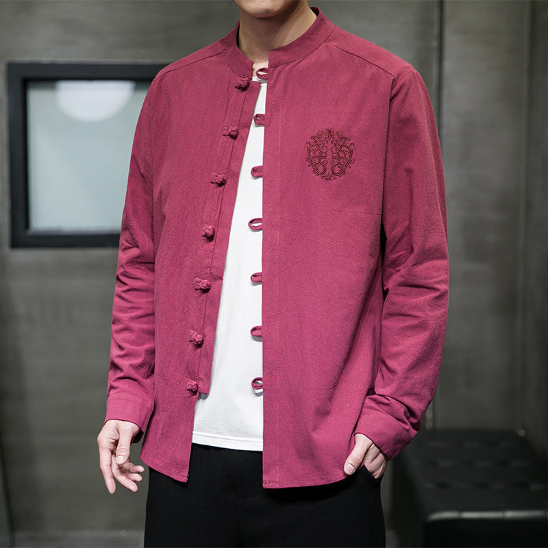 Casual Men’s Embroidery Buckle Hanfu Shirt Coat – Cool Everyday Layer | same ANTHEM - Wine Red / 2XL