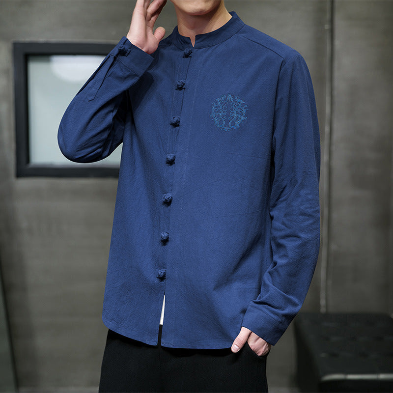 Casual Men’s Embroidery Buckle Hanfu Shirt Coat – Cool Everyday Layer | same ANTHEM - Dark Blue / 2XL