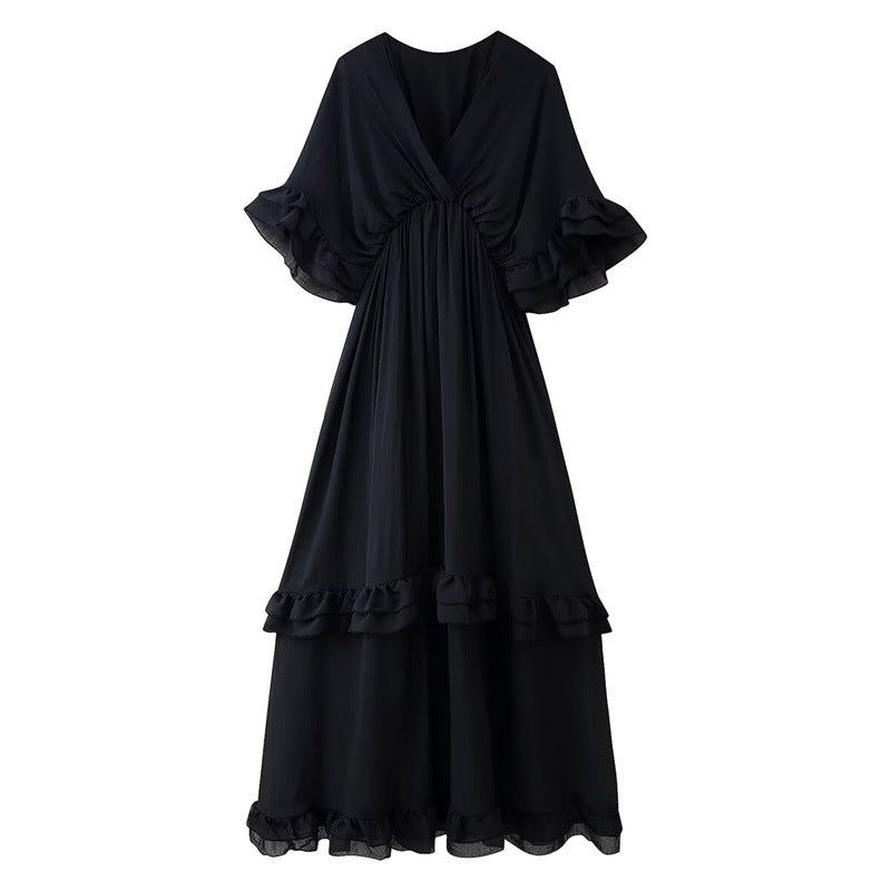 Casual Romantic V-Neck Ruffle Long Dress – Soulmate Streetwear | same ANTHEM. - Black / S