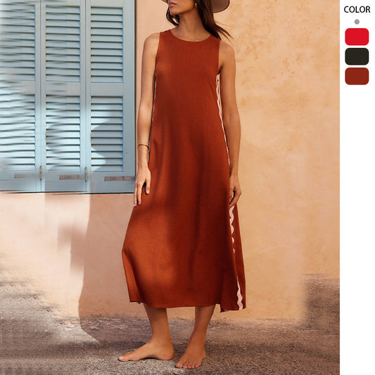 Casual Sleeveless Round Neck Solid Color Stitching Lace Split Dress | Everyday Moroccan Style | same ANTHEM