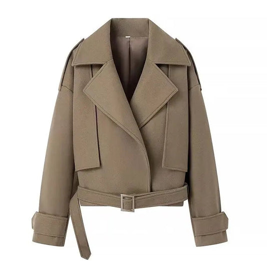Casual Woolen Coat with Belt | Loose Lapel Long Sleeve | soulmate wear | same ANTHEM - Khaki / S