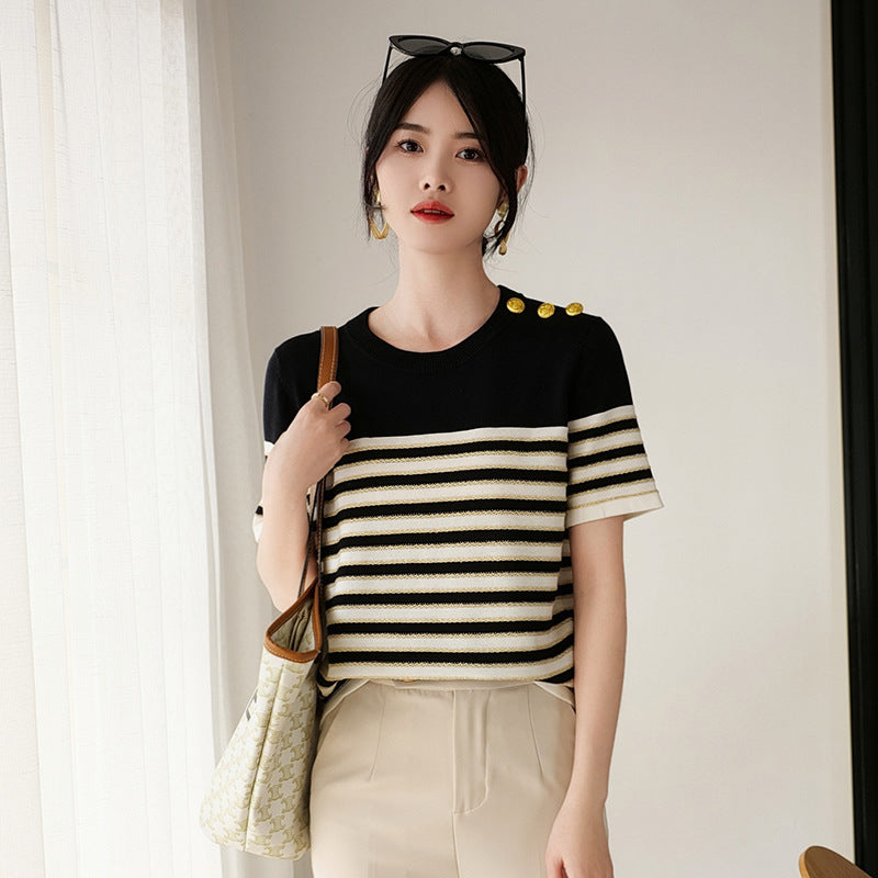 Chic Knitted Striped T-shirt – French Style for Lovers & Soulmates | same ANTHEM - Top