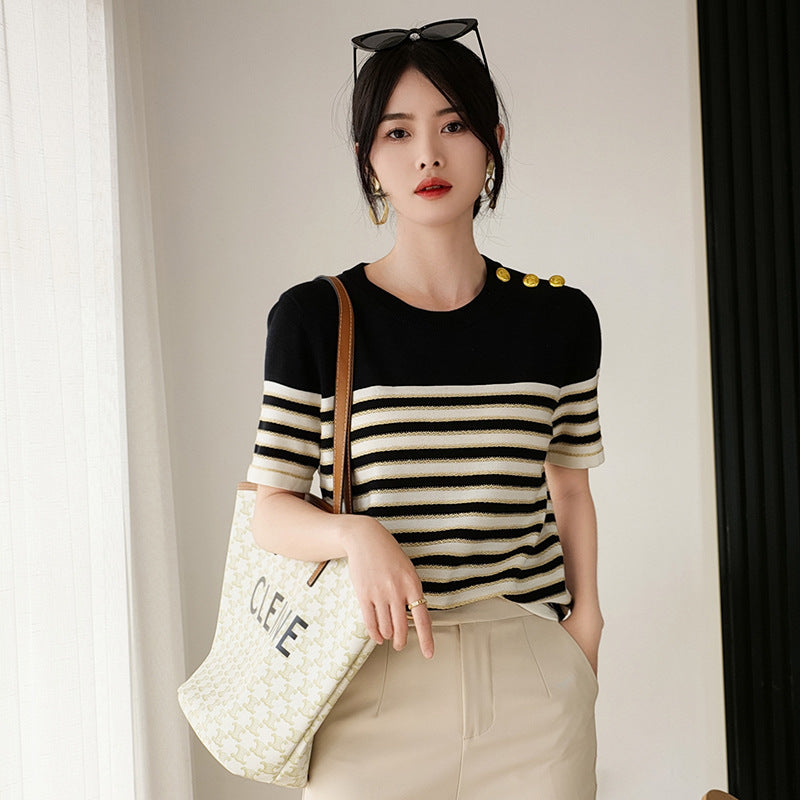 Chic Knitted Striped T-shirt – French Style for Lovers & Soulmates | same ANTHEM - Black / L - Top