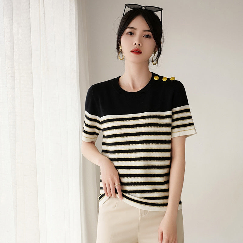 Chic Knitted Striped T-shirt – French Style for Lovers & Soulmates | same ANTHEM - Top