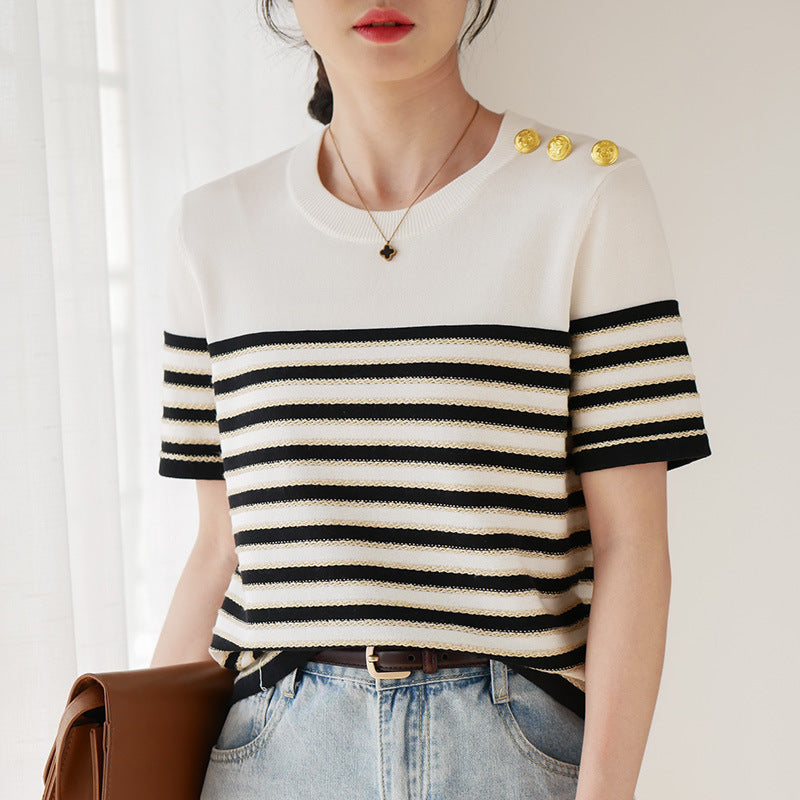 Chic Knitted Striped T-shirt – French Style for Lovers & Soulmates | same ANTHEM - White / L - Top