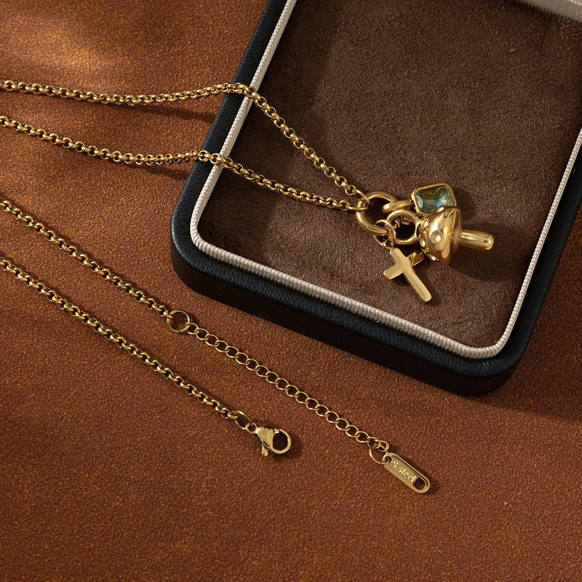 Chic Stainless Steel Cross & Mushroom Pendant Zircon Necklace | Boho Romantic Jewelry | same ANTHEM