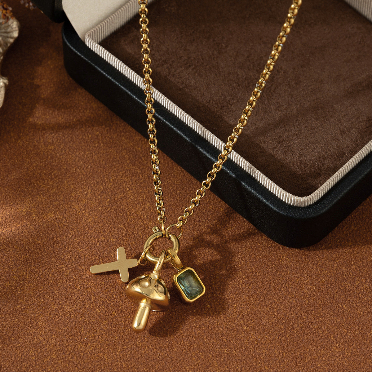 Chic Stainless Steel Cross & Mushroom Pendant Zircon Necklace | Boho Romantic Jewelry | same ANTHEM