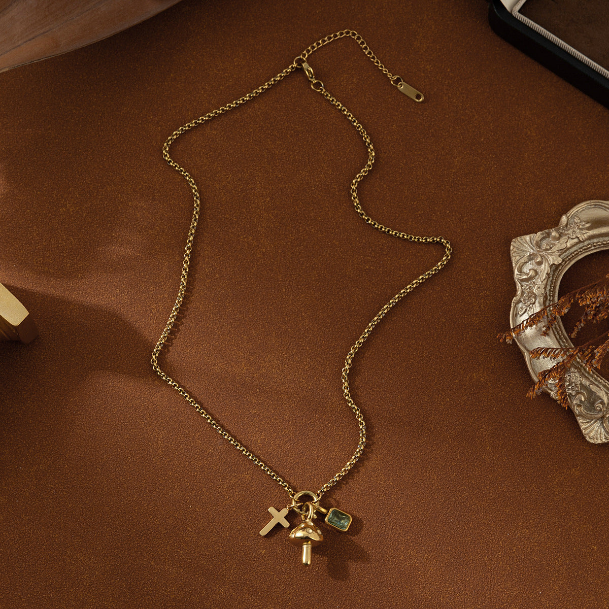 Chic Stainless Steel Cross & Mushroom Pendant Zircon Necklace | Boho Romantic Jewelry | same ANTHEM