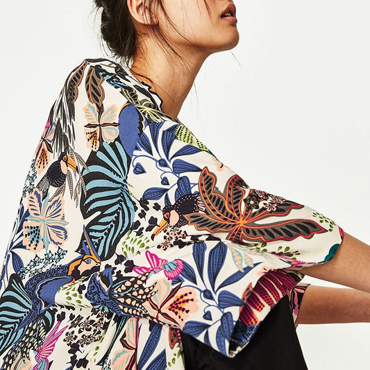 Chiffon Kimono Beach Cardigan – Bird & Leaf Print | same ANTHEM