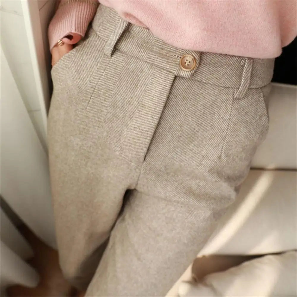 Women’s Solid Color Wool-Like Tapered Trousers Classic Ankle-Length Pants For Office And Formal Wear - Beige / L - Pants