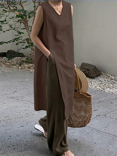 Classic Vintage Cotton Linen Dress for Women | same ANTHEM - coffee / One Size