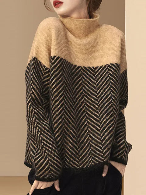 Contrast Patchwork Pullover Sweater Women | Casual Knitted Autumn Top | same ANTHEM. - Khaki / One Size