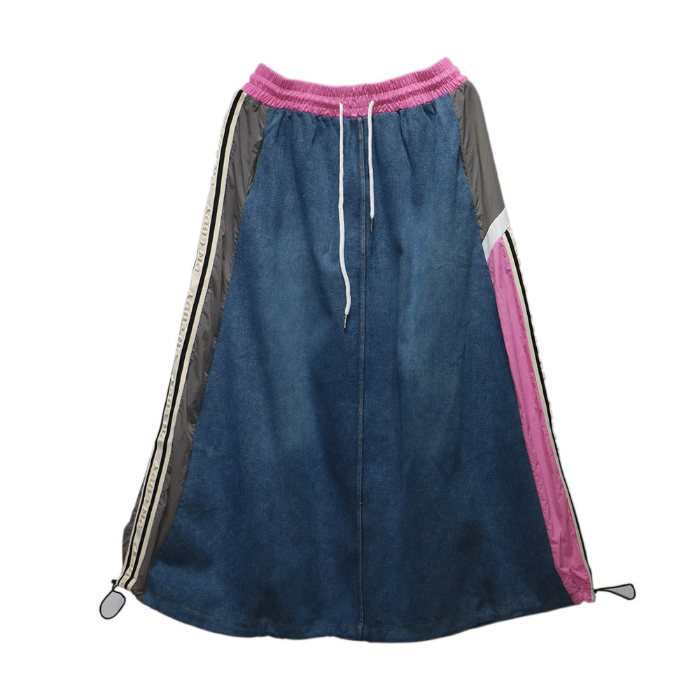 Contrasting Splicing Denim Skirt – Hong Kong Style Loose A-Line | same ANTHEM - Pink / One size