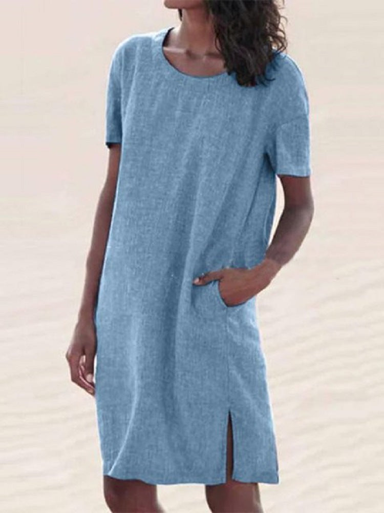 Cotton and Linen Multicolor T-Shirt Dress | Easy Summer Beach Dress | same ANTHEM - Light Blue / 2XL