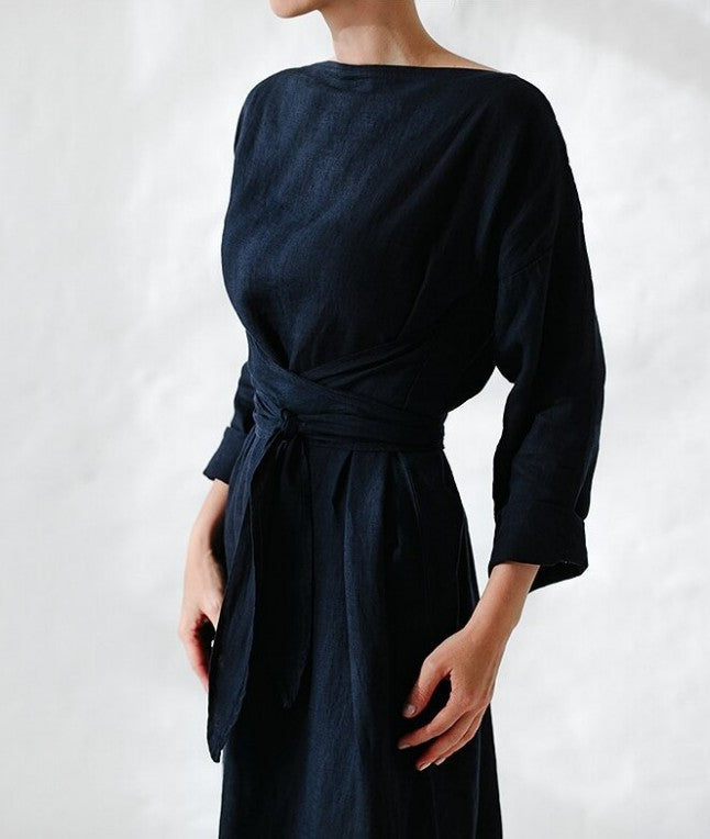 Cotton & Linen Long-Sleeved Lace-Up Dress – Korean Style | same ANTHEM - Dark blue / S