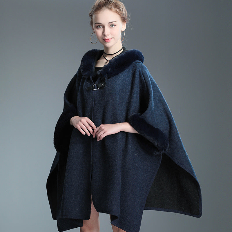Cozy Woolen Hooded Cardigan Cape | same ANTHEM. - dark blue / one size
