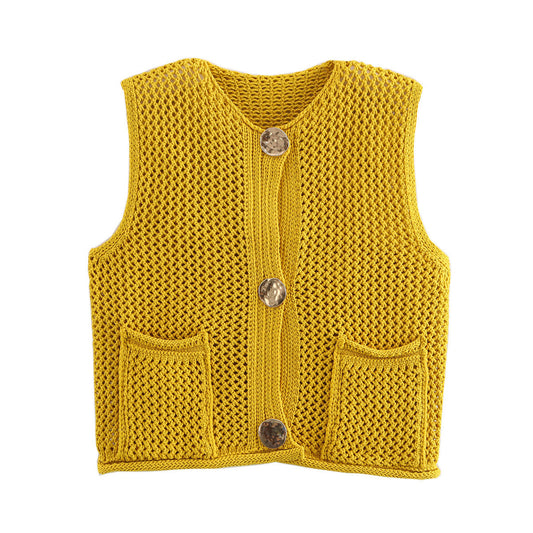 Crochet Hollow Vest – Versatile Round Neck | Soulmate Streetwear by same ANTHEM. - Golden Yellow / One Size
