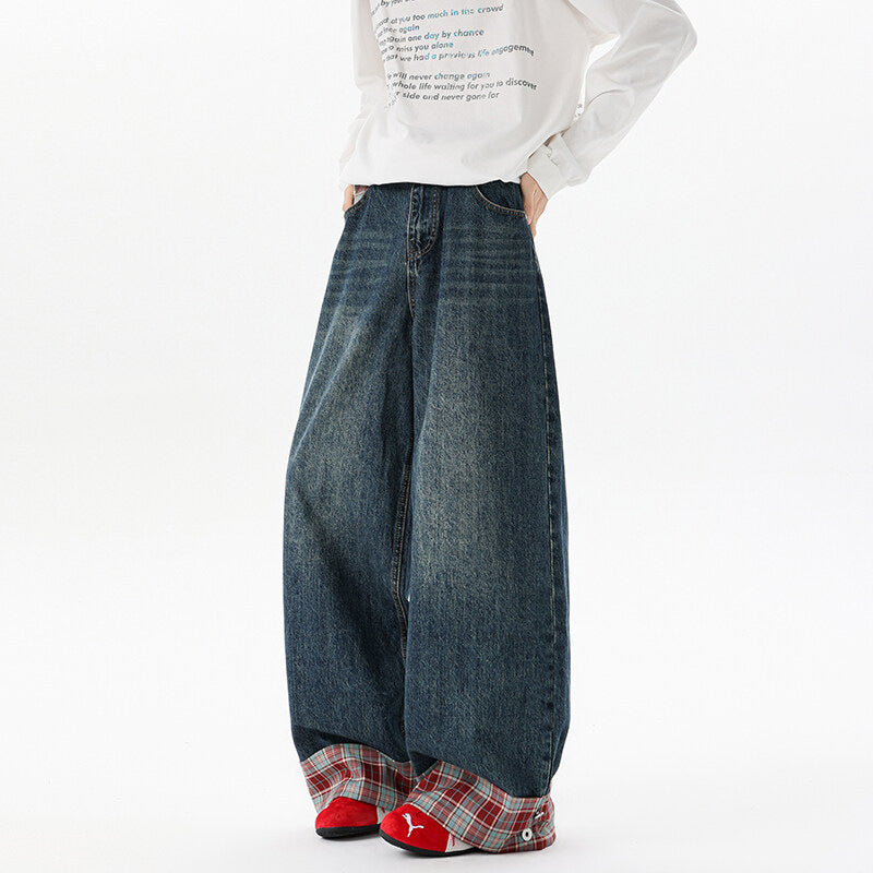 Dark Blue Plaid Denim Pants | Wide Leg Streetwear | same ANTHEM.