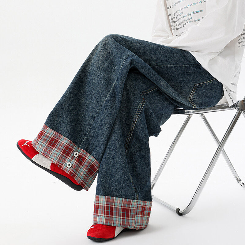 Dark Blue Plaid Denim Pants | Wide Leg Streetwear | same ANTHEM.