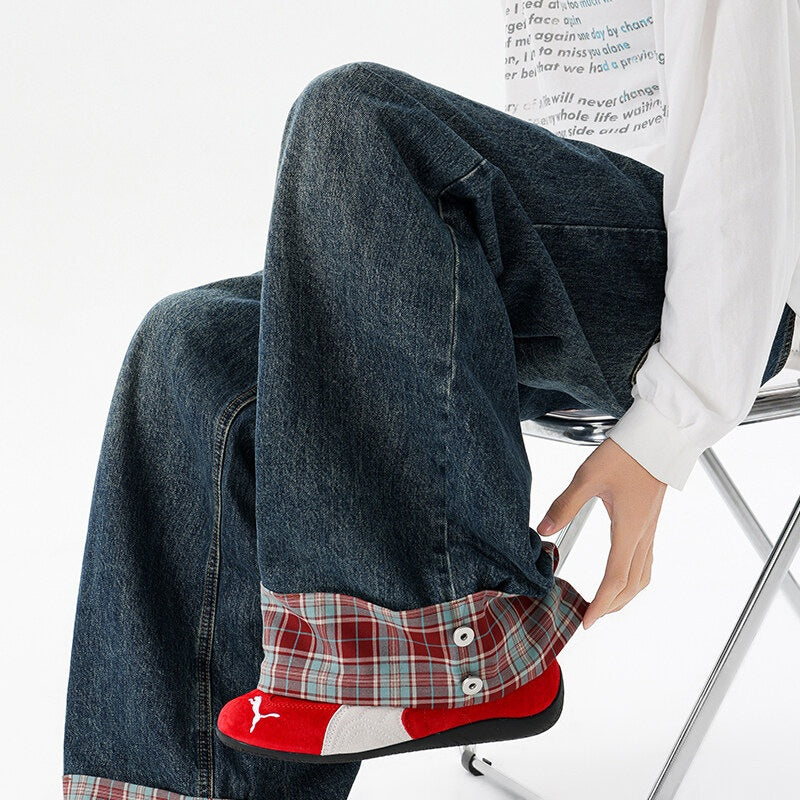 Dark Blue Plaid Denim Pants | Wide Leg Streetwear | same ANTHEM.